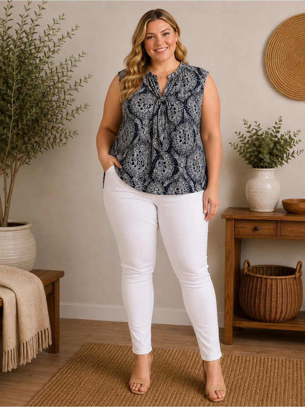 Tommy Hilfiger Navy Paisley Sleeveless Tie-Front Blouse
